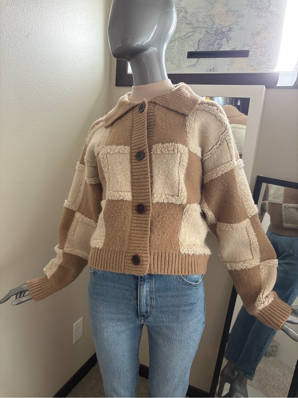 Lush Patchwork Teddy Button-Up Jacket - Brown & Cream